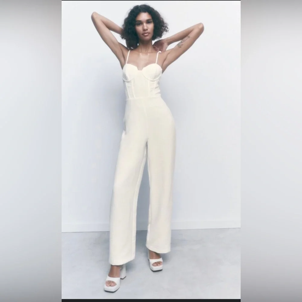 ZARA WIDE LEG PALAZZO CORSETRY INSPIRED JUMPSUIT CORSET LIKE WHITE XS - Picture 3 of 5